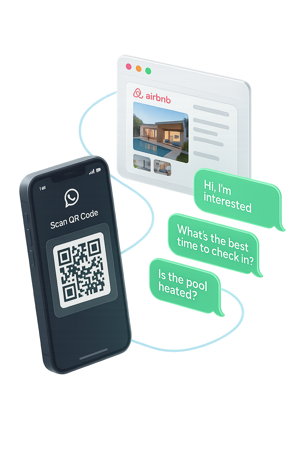 HostMate Setup Process - Scan QR code, paste Airbnb link, AI starts chatting